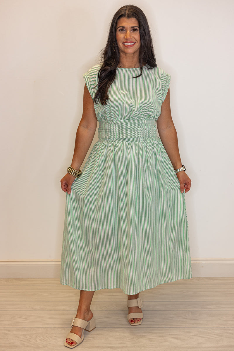 green stripe linen midi skirt top set