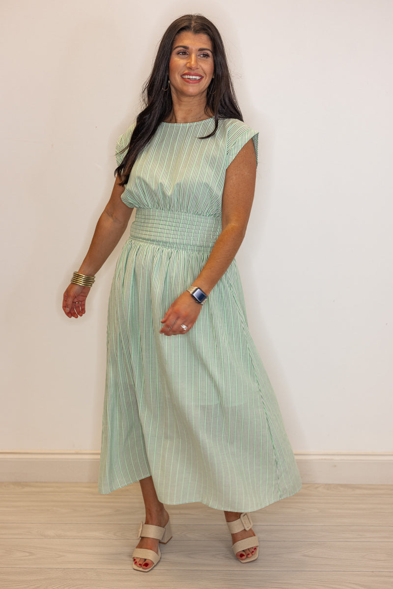 green stripe linen midi skirt top set