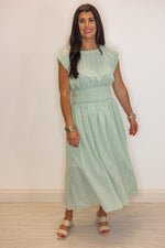 green stripe linen midi skirt top set