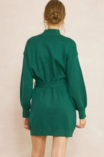 Entro Hunter green sweater knit dress with belted waist