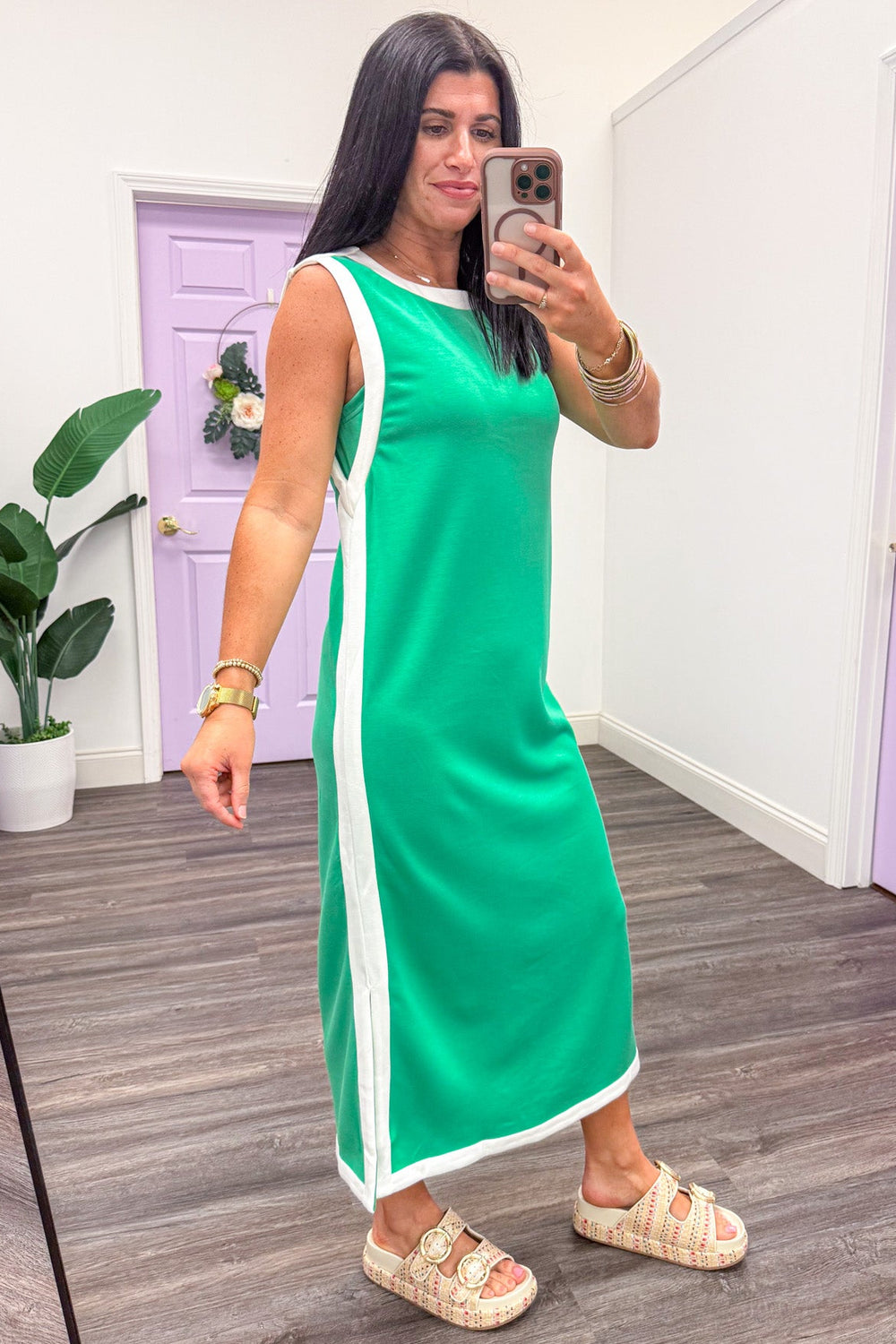 green with white trim detail sleeveless knit midi dress side slits