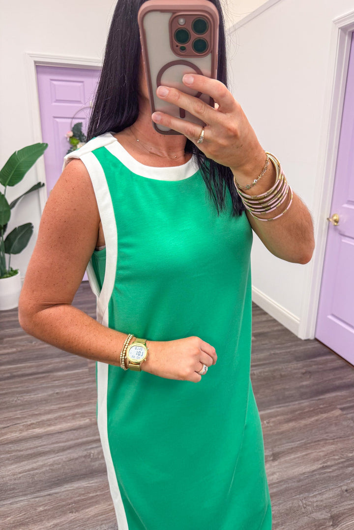 green with white trim detail sleeveless crew neckline knit midi dress