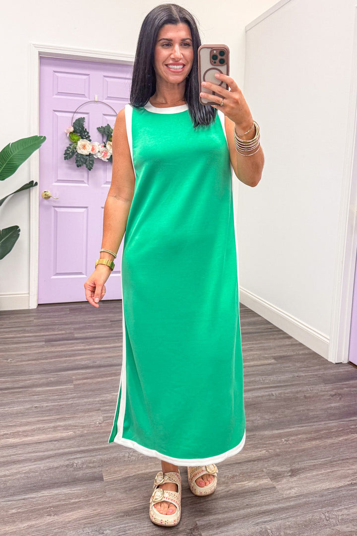 green with white trim detail sleeveless scuba knit midi dress