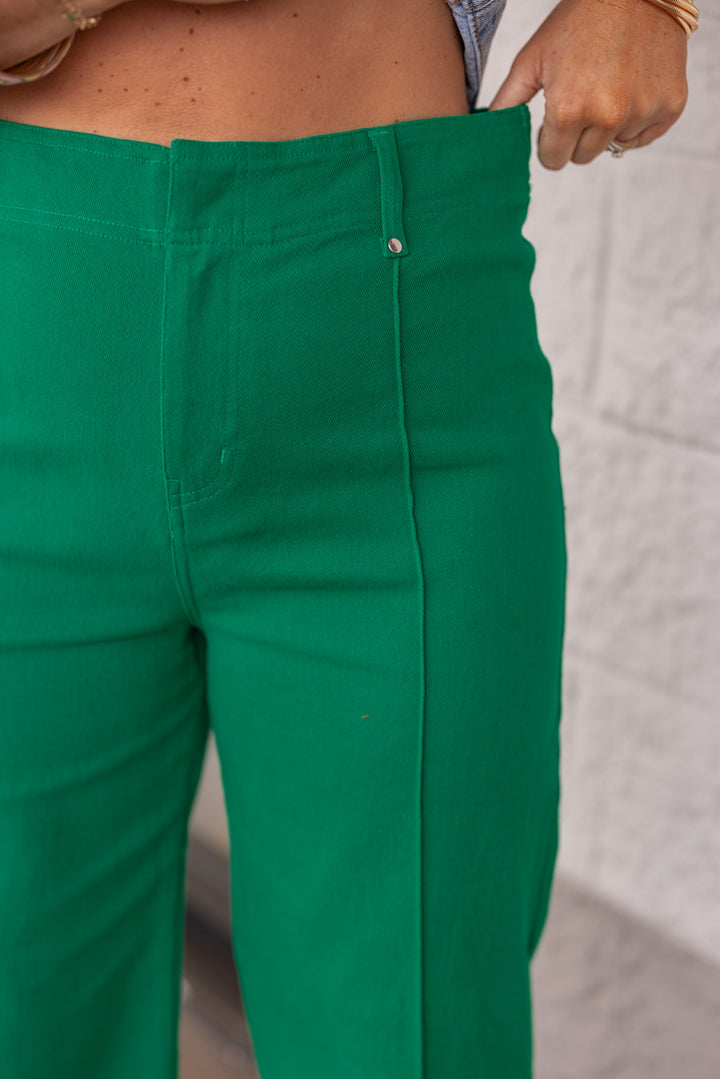 green wide leg twill denim pants
