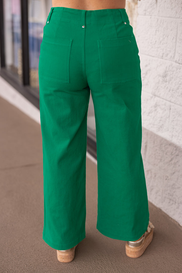 green pintuck wide leg twill denim pants back