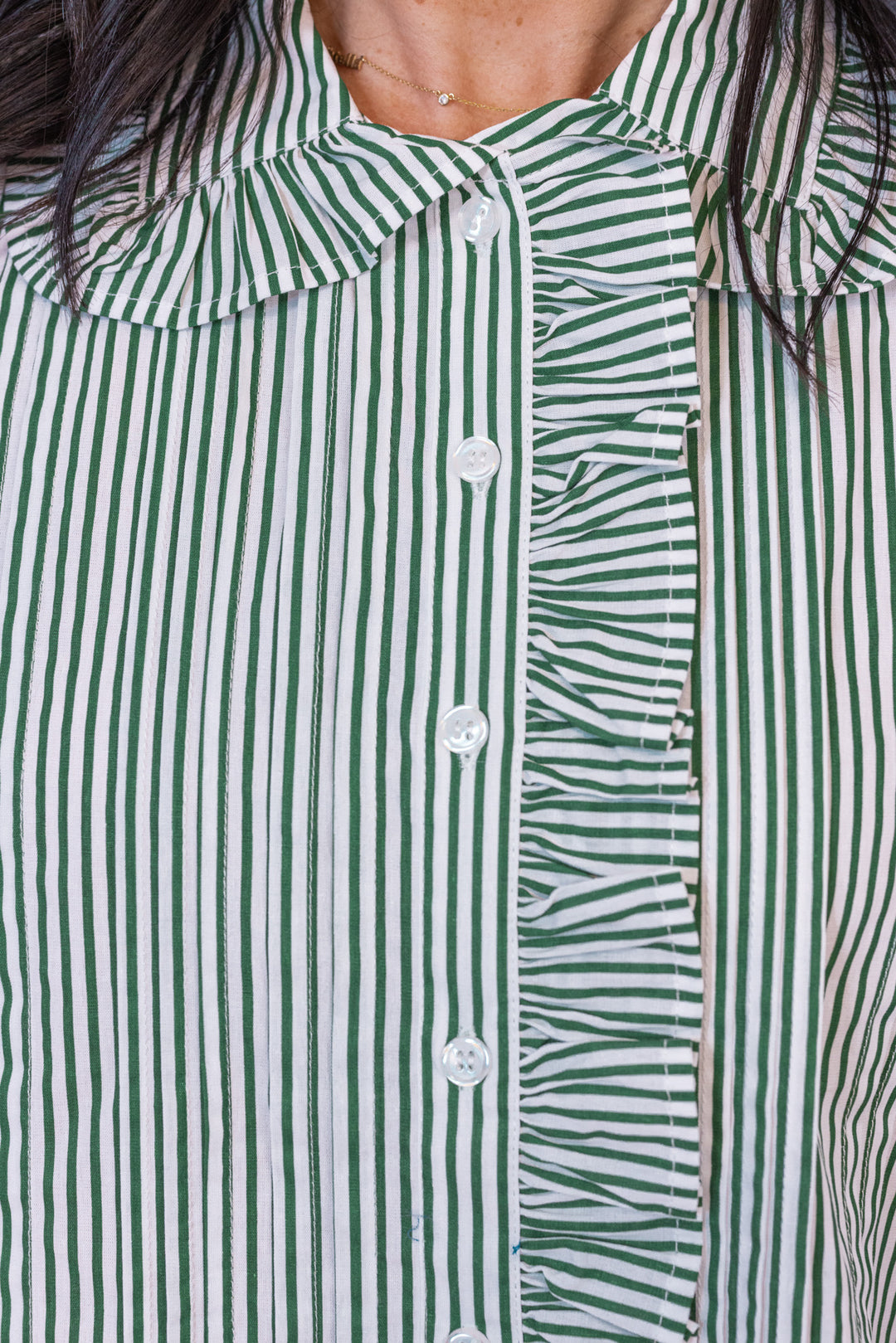 Karlie Stripe Pleat Ruffle Trim Green Top