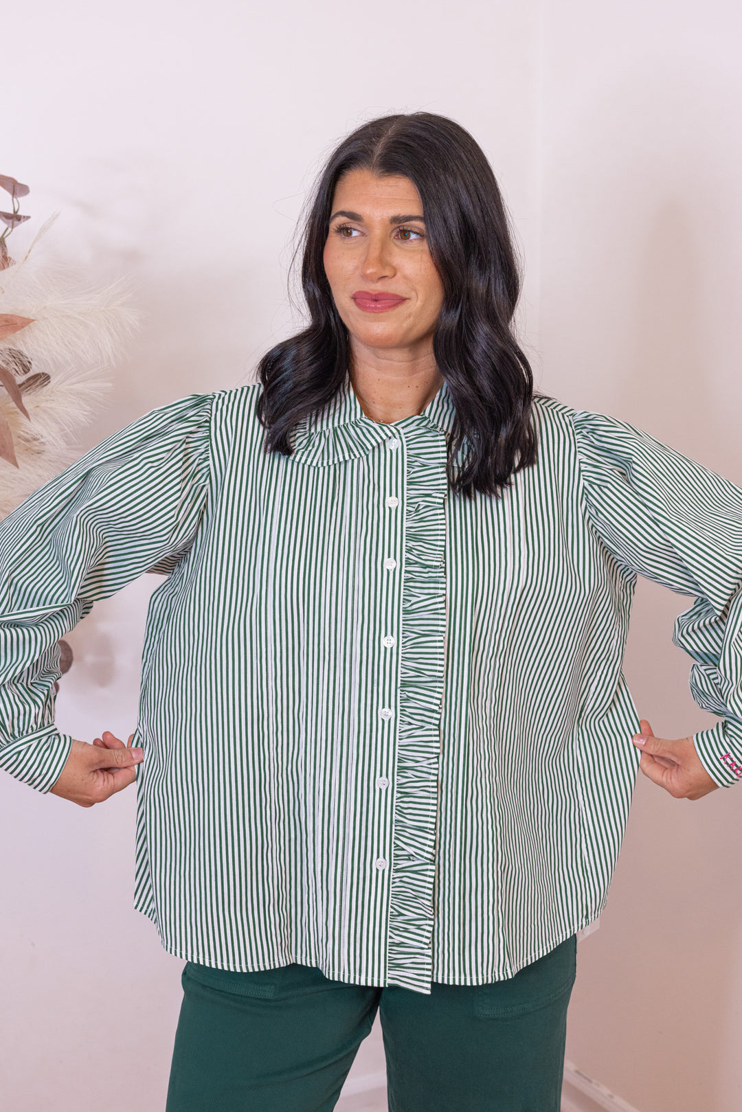 Karlie Stripe Pleat Ruffle Trim Green Top