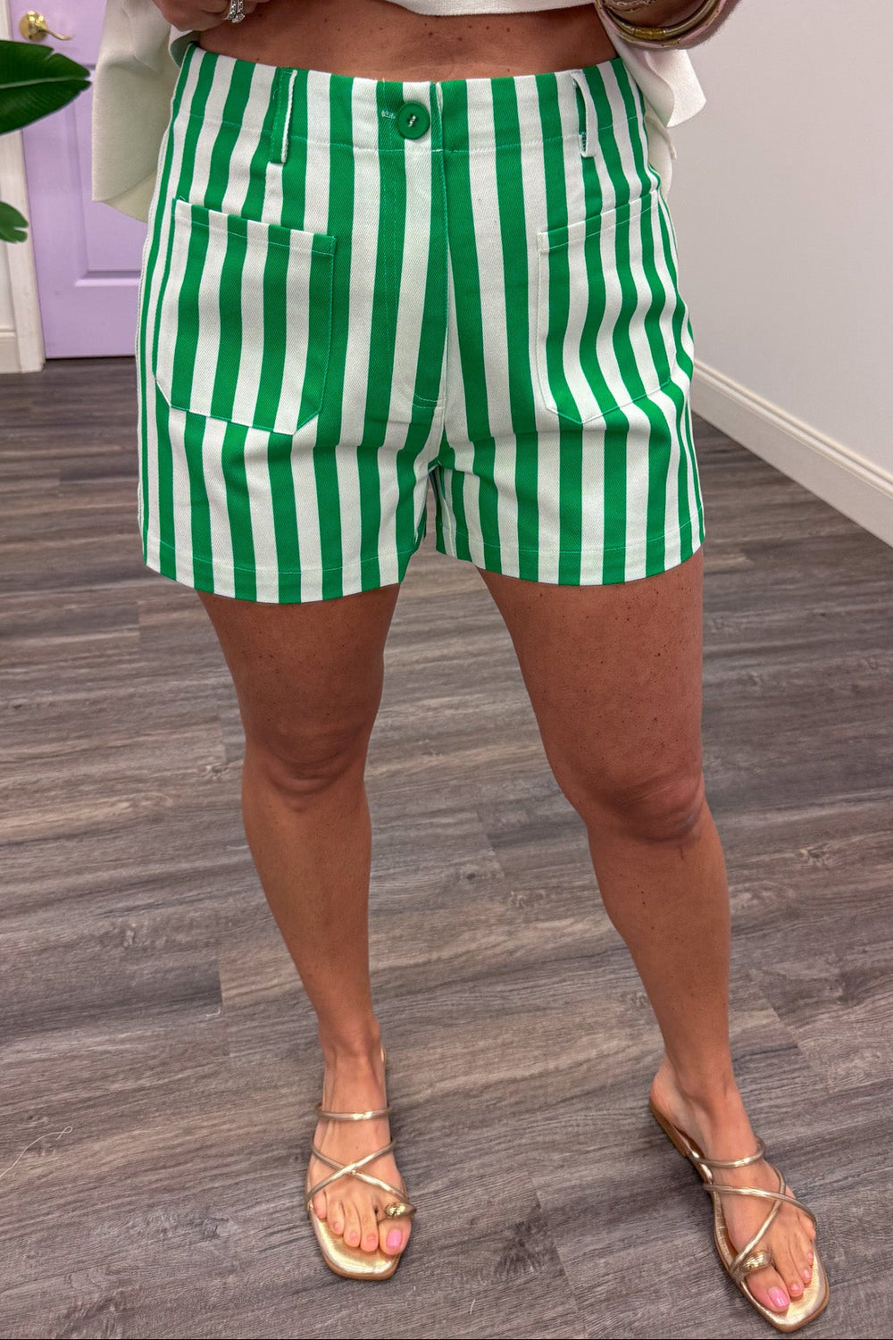 green and white vertical striped high waisted denim twill shorts