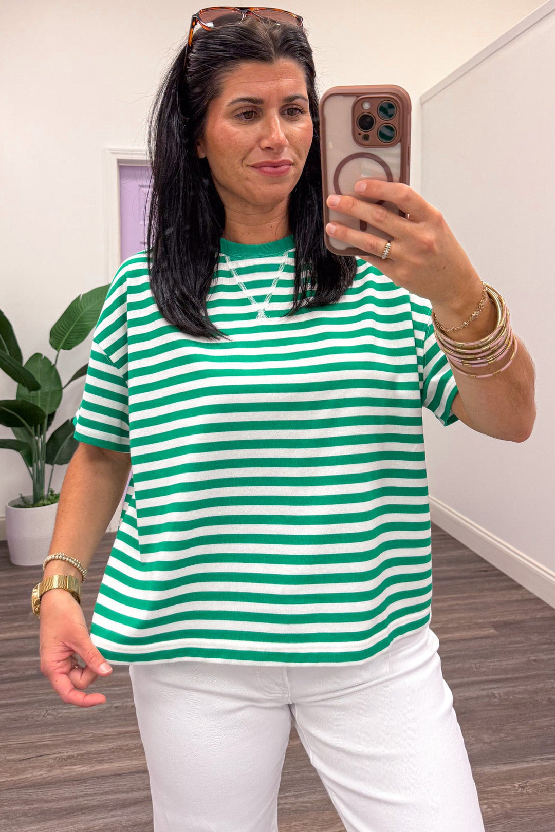 grass green and white horizontal striped short sleeve knit top