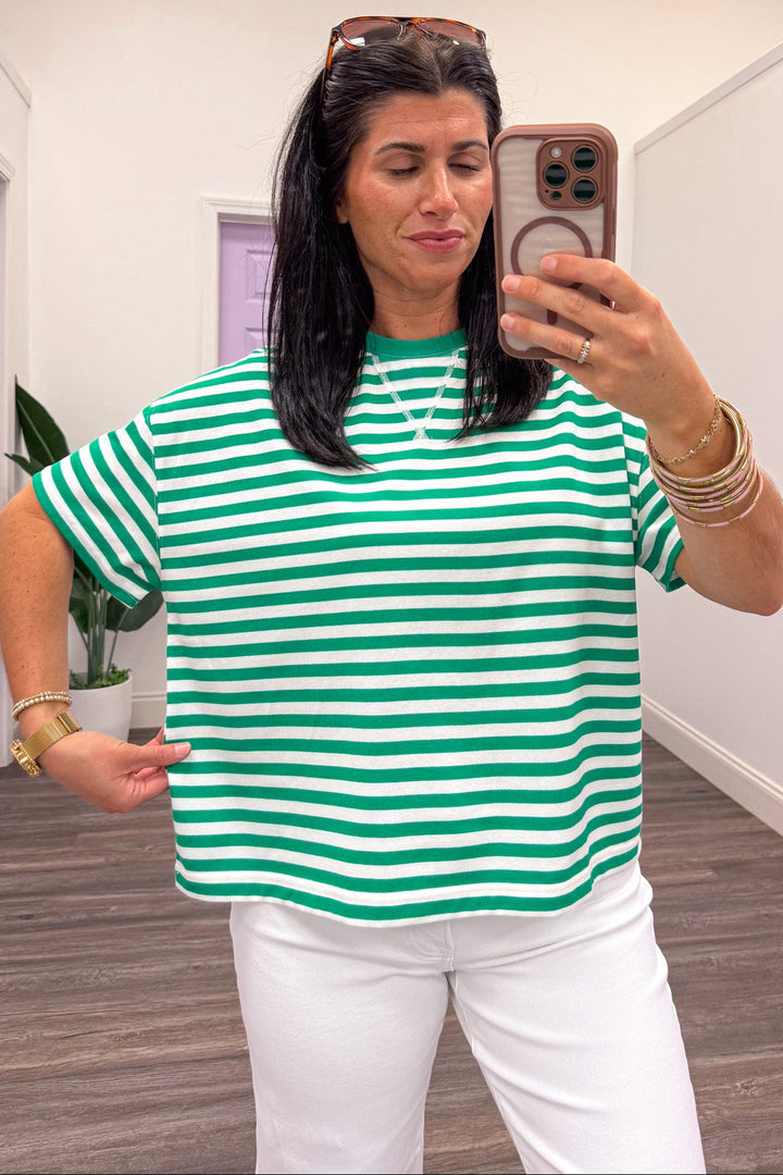 spring green and white striped short sleeve knit top relaxed silhouette