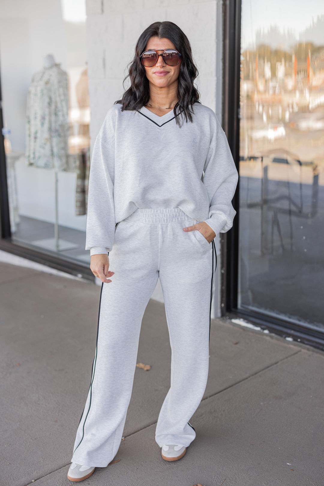 Women's heather grey scuba knit straight leg elastic waist pants by Rae Mode