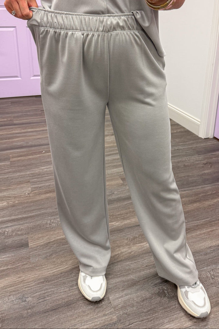 solid grey elastic waistband wide leg luxe knit loungewear pants
