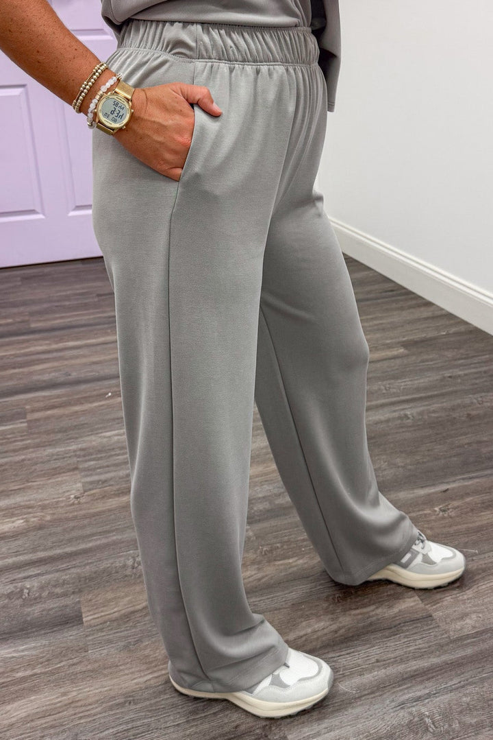solid grey elastic waist wide leg butter soft luxe knit loungewear pants