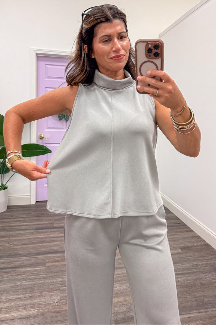 solid cement grey mock neck sleeveless relaxed silhouette luxe knit top