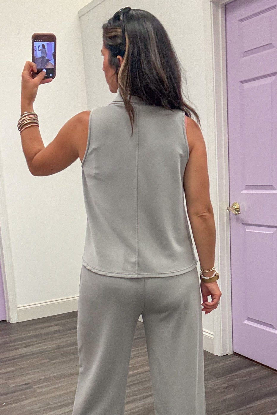 solid cement grey mock neck sleeveless lightweight luxe knit top