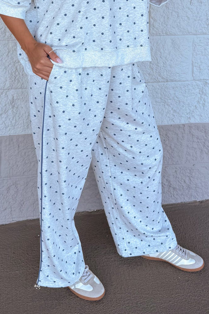 washed heather grey with navy polka dot print wide leg knit jogger pants with front pockets