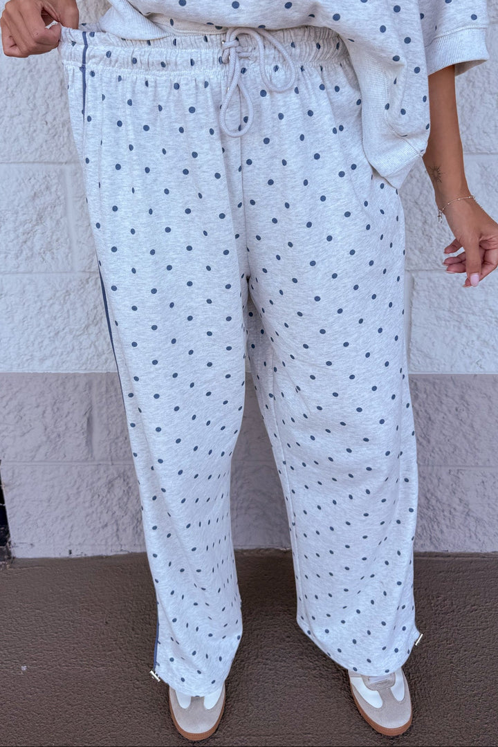 washed heather grey with navy polka dot print elastic waistband wide leg knit jogger pants