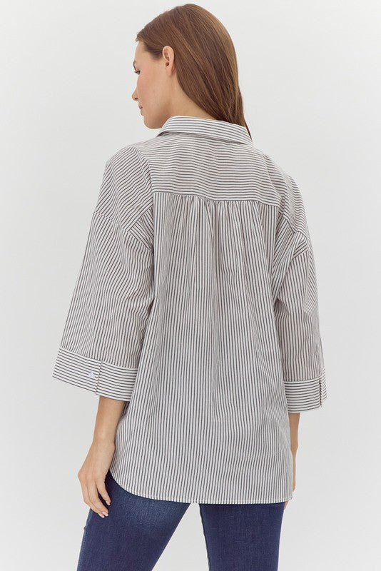 Jodifl Dark grey and off white striped button down wide sleeve top