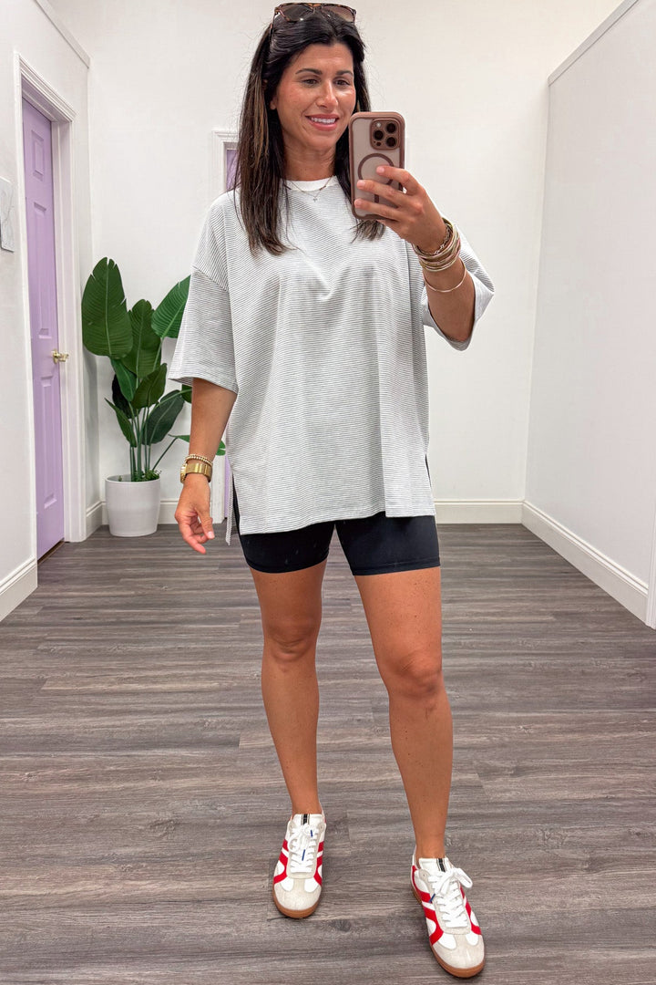 heather grey and white striped drop shoulder short sleeve oversized fit knit top