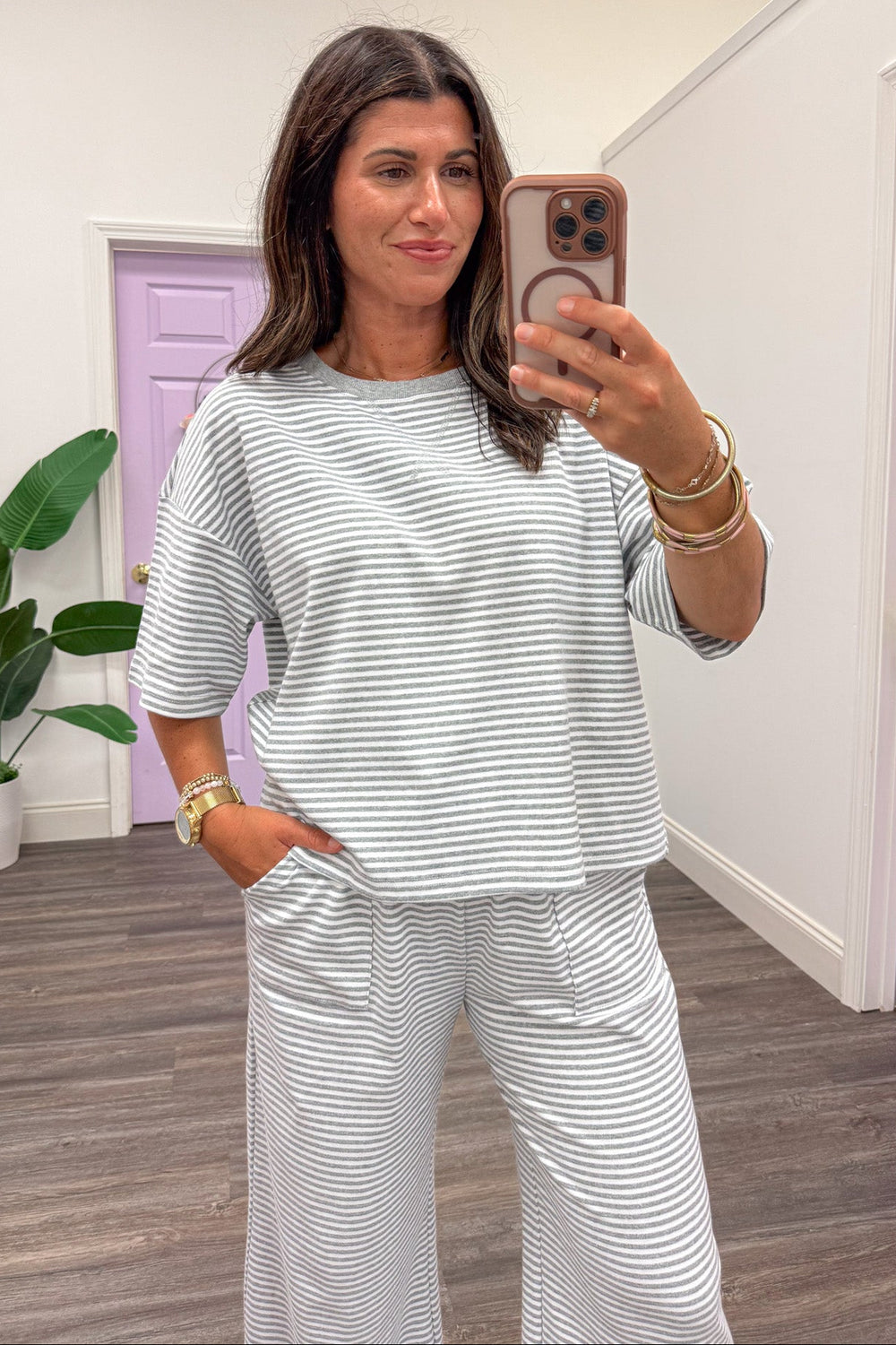 heather grey and white striped v stitch detail top and pants matching knit loungewear set