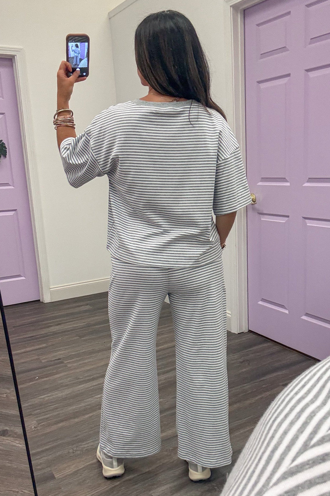 heather grey and white striped crew neckline top and pants matching knit loungewear set