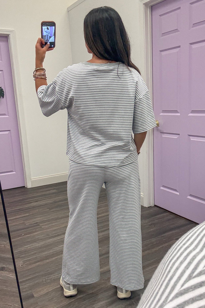 heather grey and white striped crew neckline top and pants matching knit loungewear set