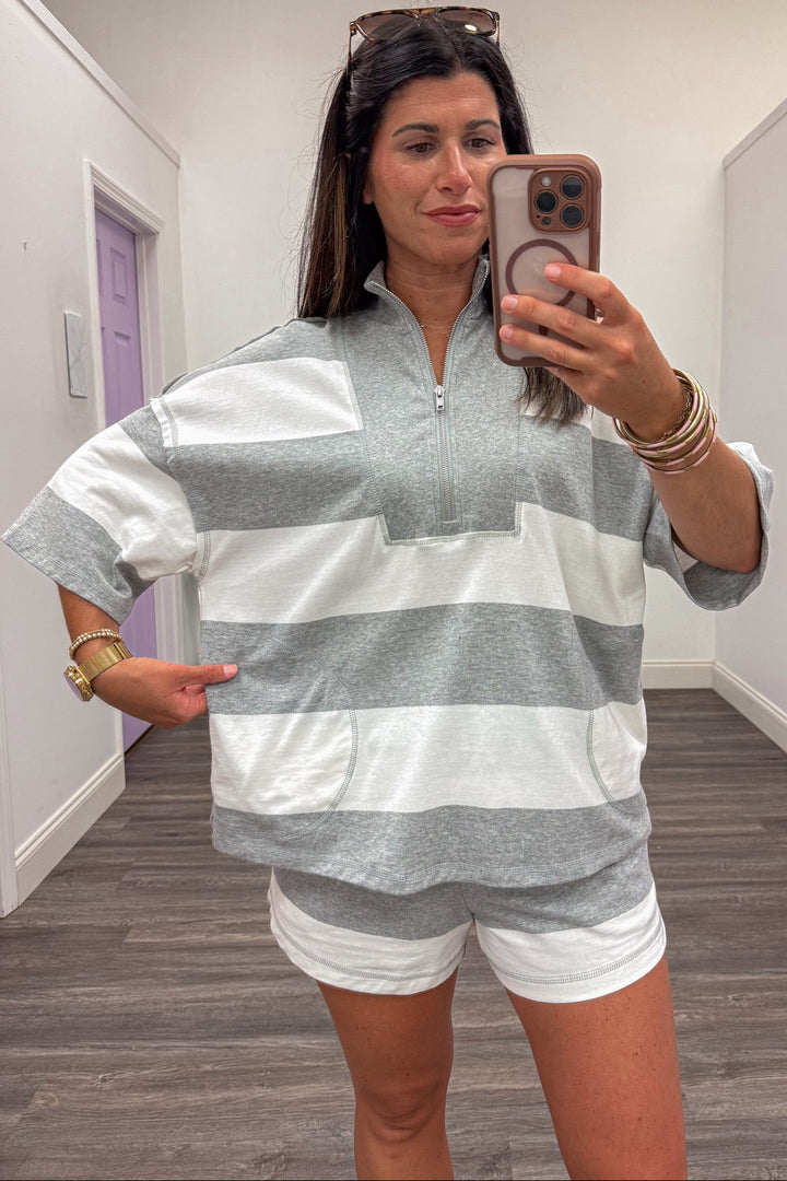 heather grey and white striped quarter zip short sleeve relaxed silhouette knit top