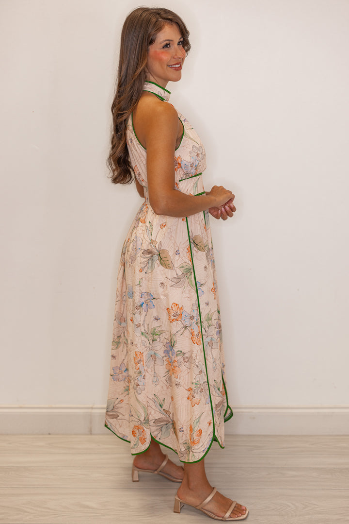 Women's blush floral print midi dress with green stripes and a tulip hem by Entro showing full side view