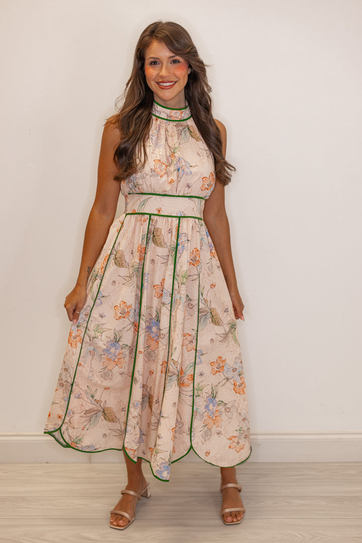 Women's blush floral print midi dress with green stripes and a tulip hem by Entro