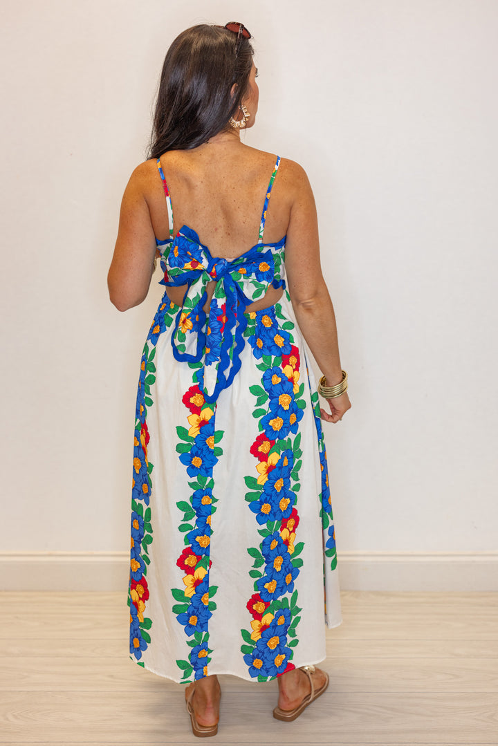 hawaii floral blue ric rac trim midi dress