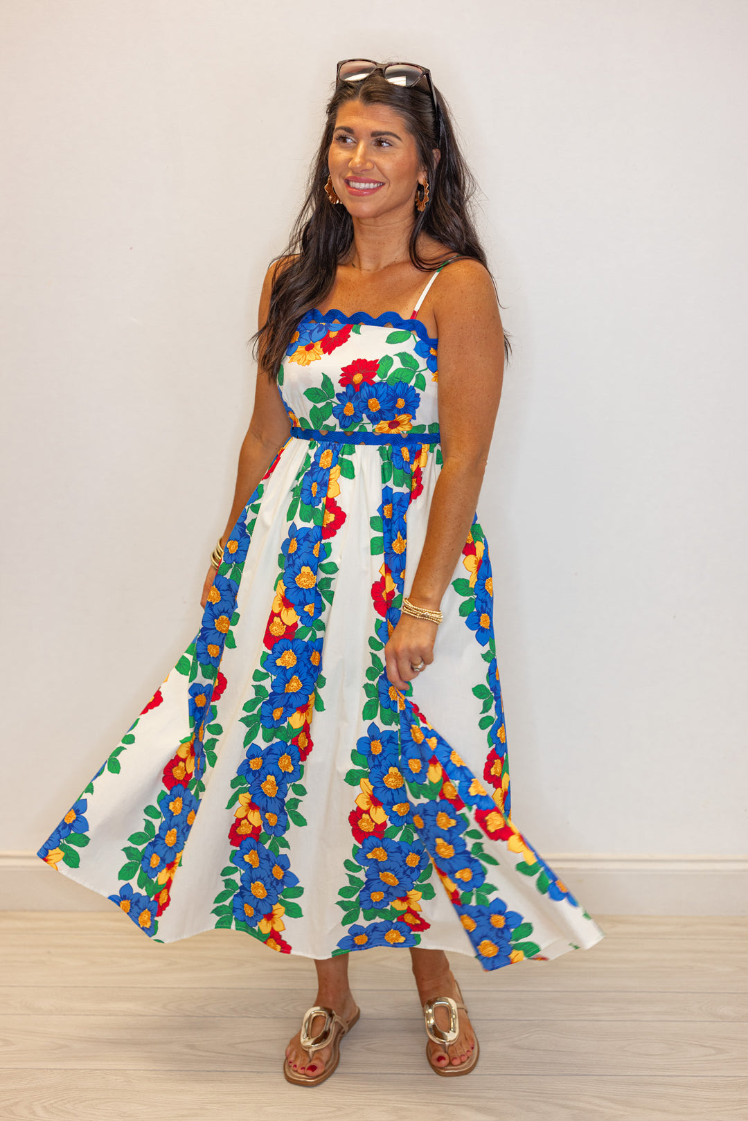 hawaii floral blue ric rac trim midi dress