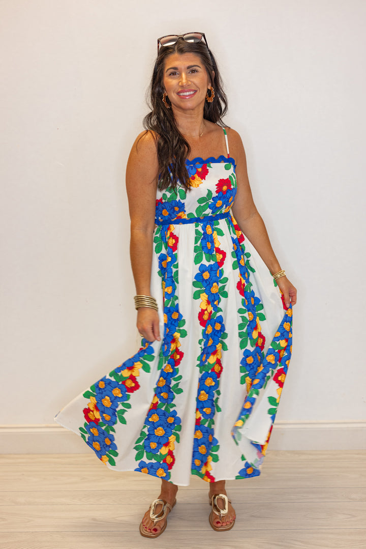 hawaii floral blue ric rac trim midi dress