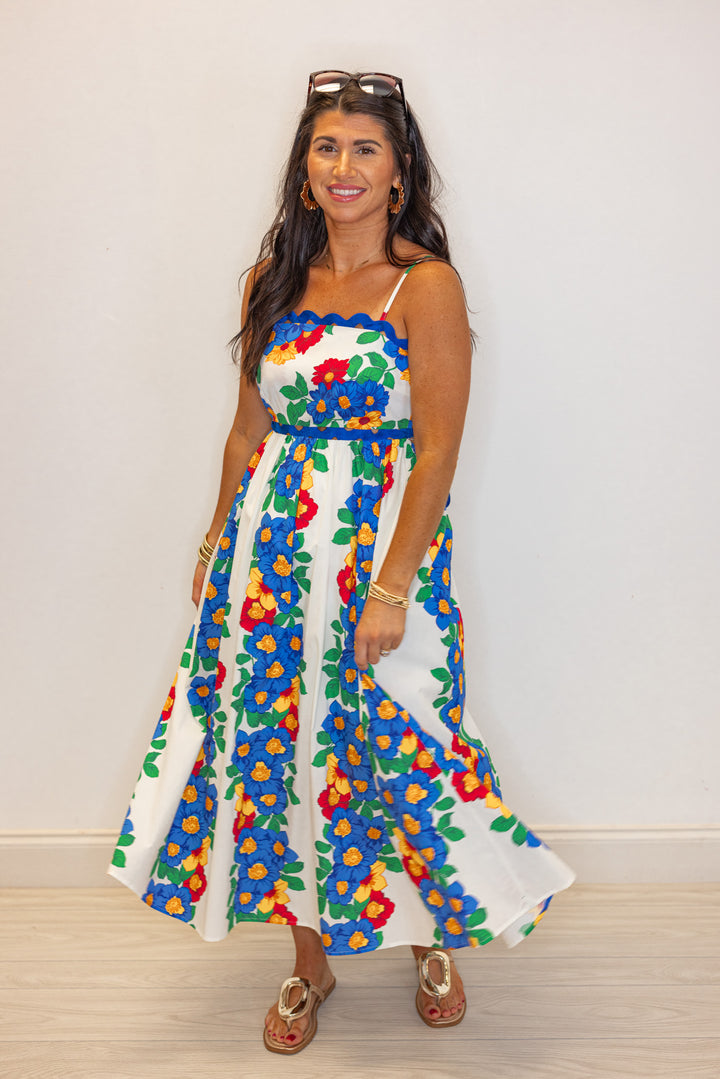 hawaii floral blue ric rac trim midi dress