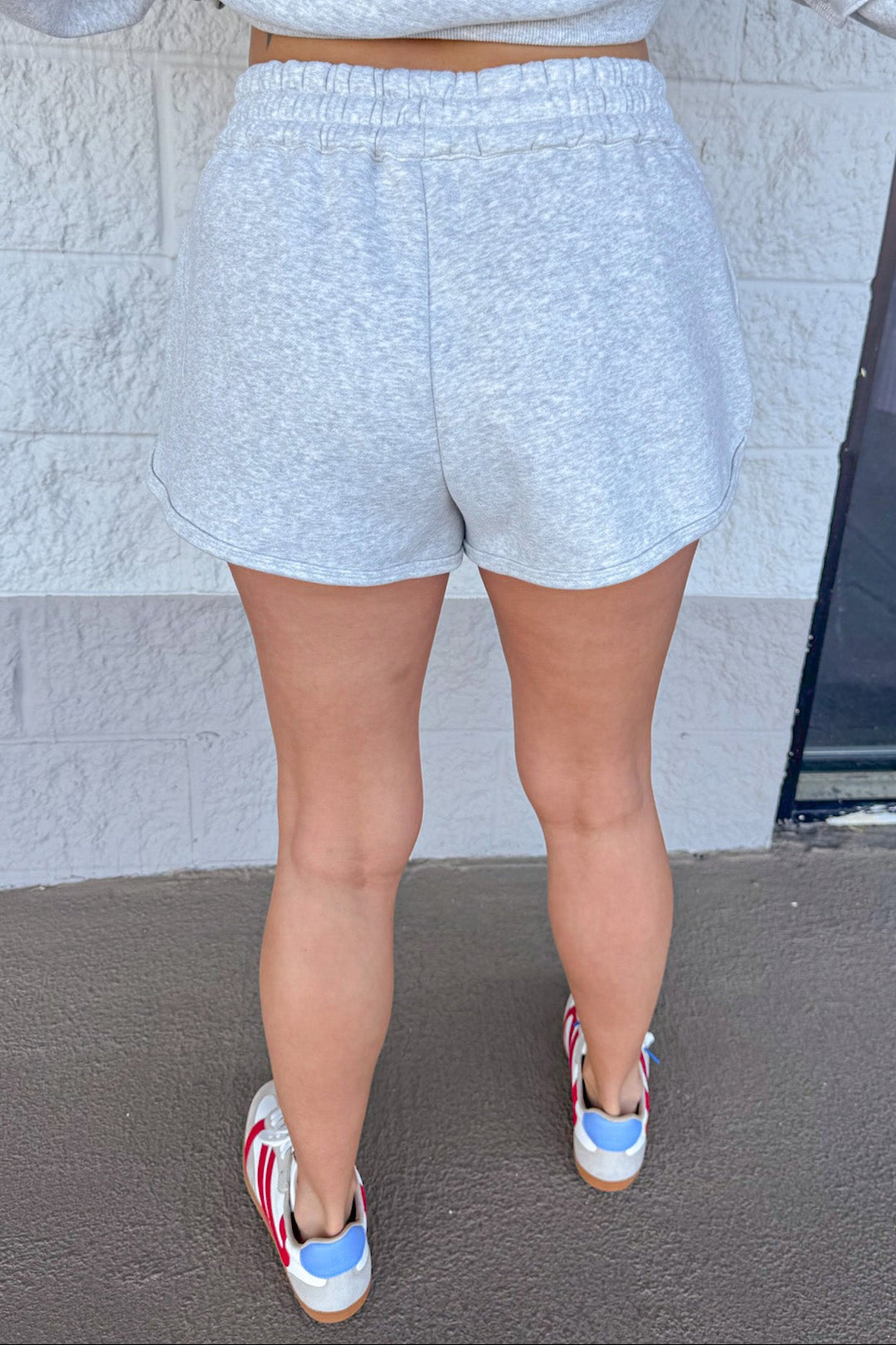 heather grey terry knit wide leg athleisure lounge shorts