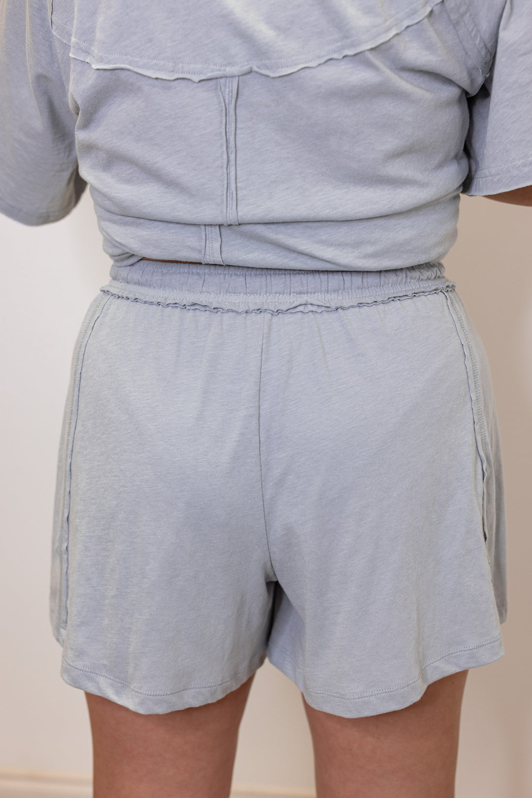 Grey cotton slub knit shorts and top set by Rae Mode showing shorts up close back view