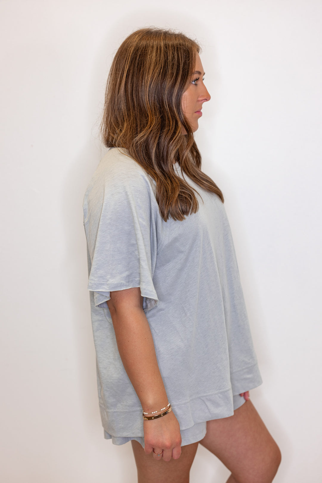 Grey cotton slub knit shorts and top set by Rae Mode showing full side view
