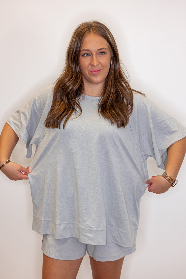 Grey cotton slub knit shorts and top set by Rae Mode showing tops relaxed fit