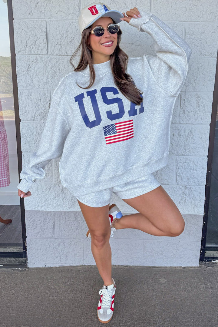 heather grey mock neck banded bottom hem terry knit sweatshirt