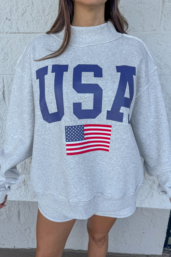 heather grey mock neck oversized reversible terry knit usa sweatshirt