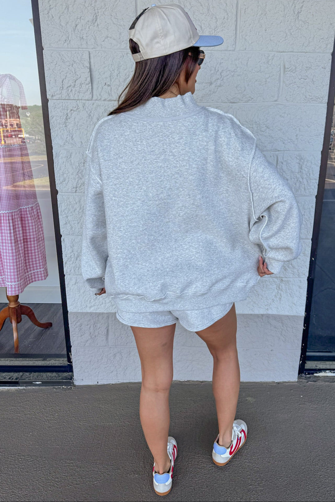 heather grey mock neck cuffed balloon long sleeve terry knit sweatshirt