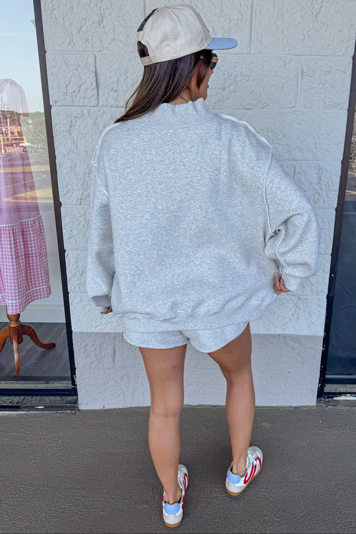 heather grey mock neck cuffed balloon long sleeve terry knit sweatshirt