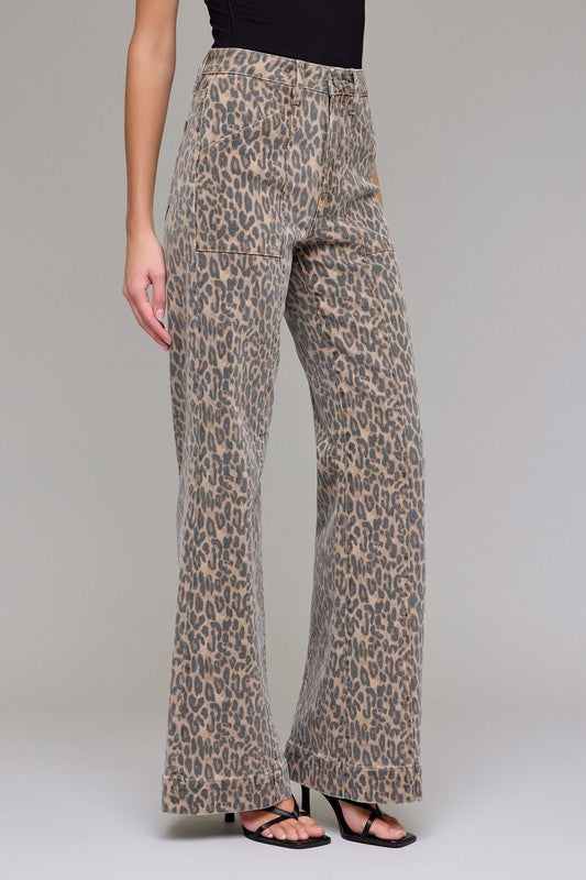 Hidden Jeans Happi comfort flare jeans in washed brown and black cheetah print showing side view