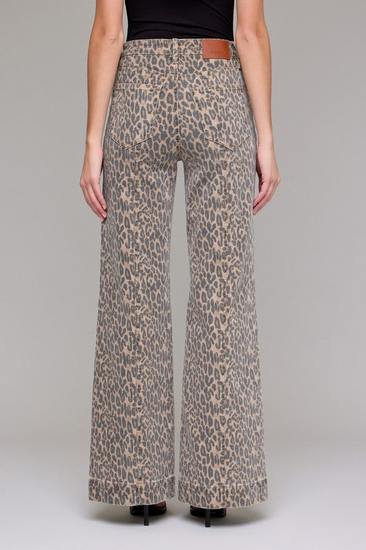 Hidden Jeans Happi comfort flare jeans in washed brown and black cheetah print showing back view