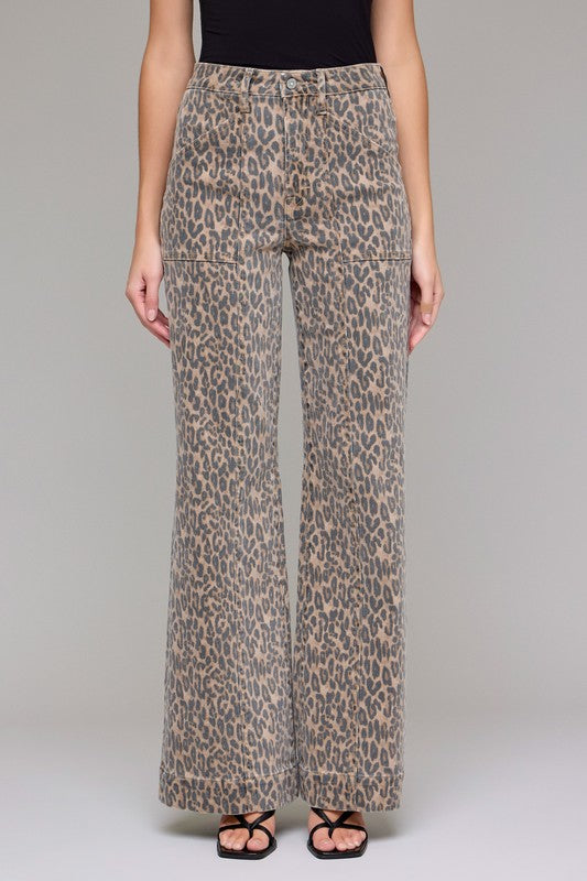 Hidden Jeans Happi comfort flare jeans in washed brown and black cheetah print 