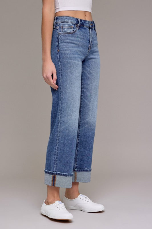 Hidden Jeans classic straight leg Ella jeans in medium washed blue with rolled cuffs showing side view