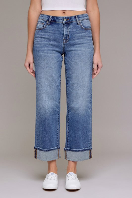 Hidden Jeans classic straight leg Ella jeans in medium washed blue with rolled cuffs