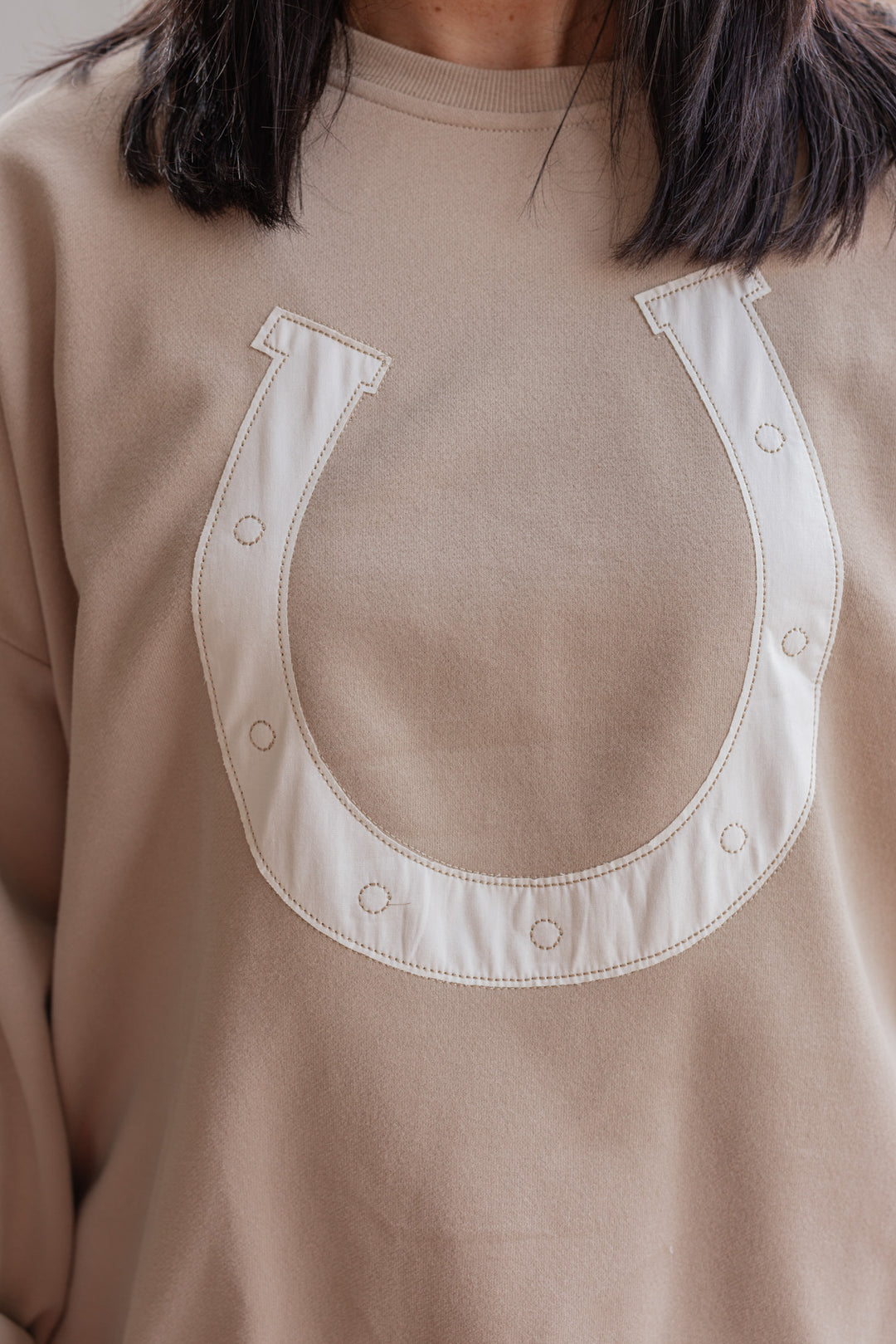 Women's taupe terry knit pullover sweatshirt with a white horseshoe on front by Wishlist showing up close front view