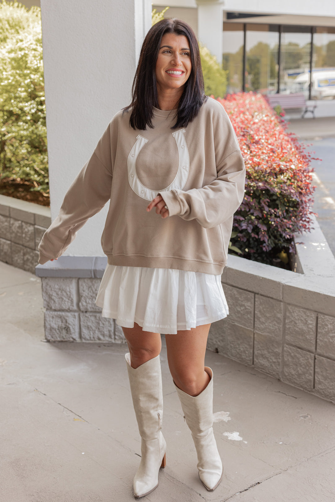 Women's taupe terry knit pullover sweatshirt with a white horseshoe on front by Wishlist showing full front view