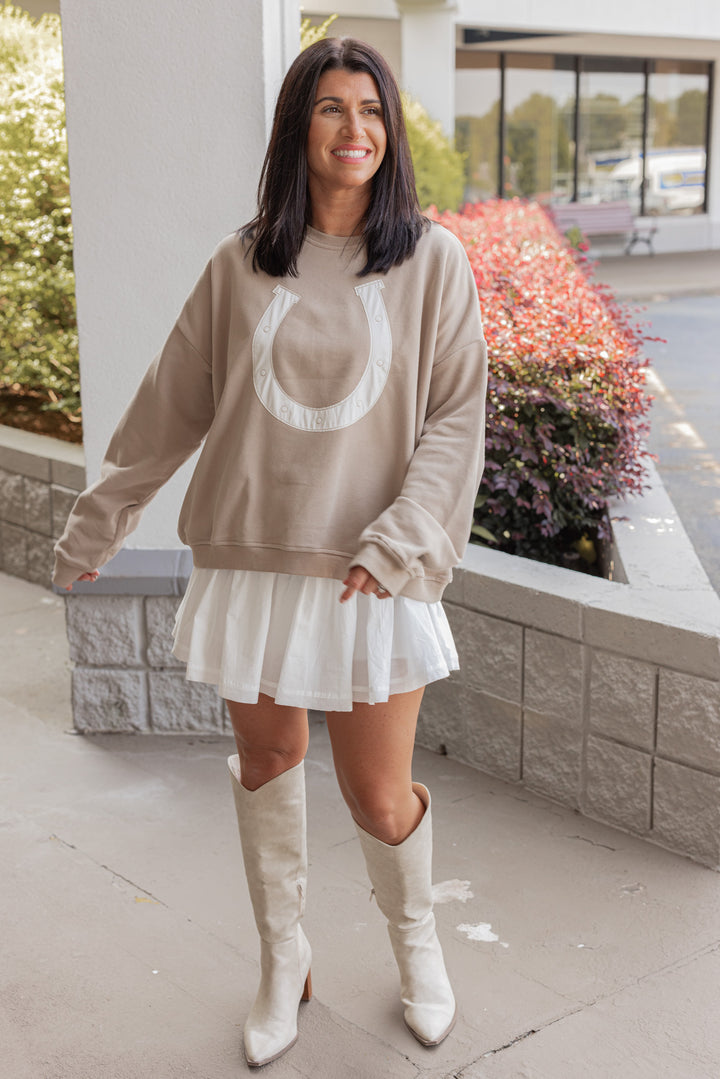 Women's taupe terry knit pullover sweatshirt with a white horseshoe on front by Wishlist