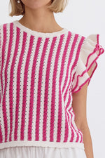Entro Hot pink and ivory crocheted knit crop top with ruffled shoulders
